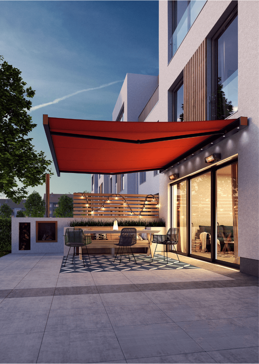 Modern retractable awning with LED lighting