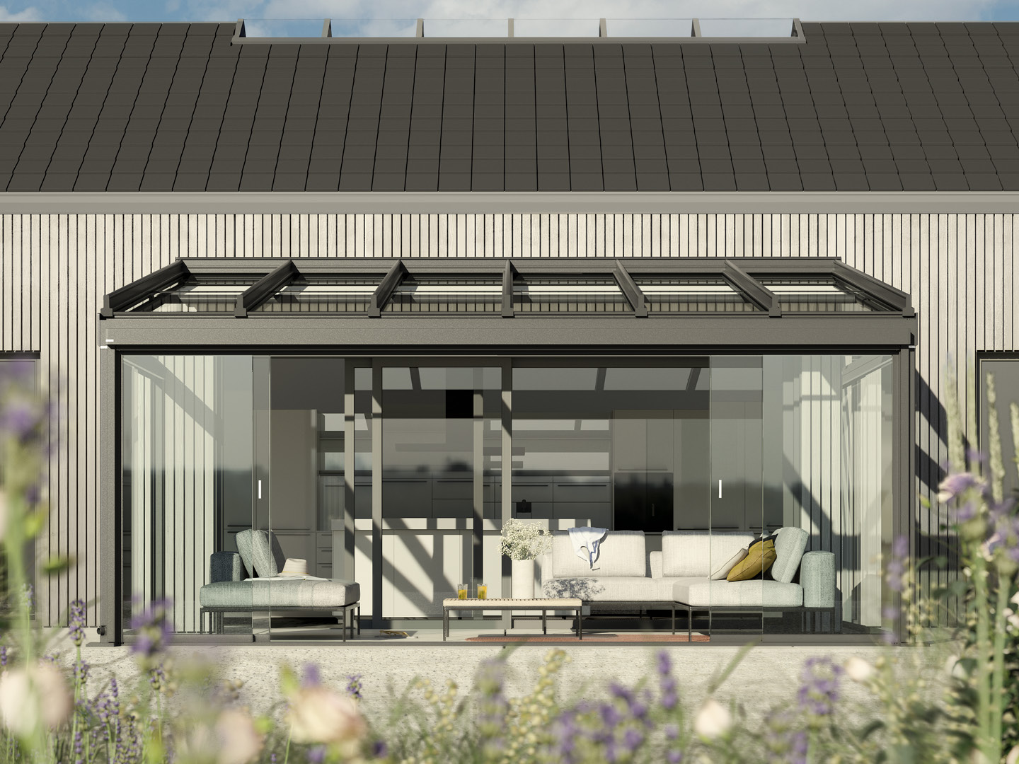 Bespoke glass veranda over a Yorkshire patio
